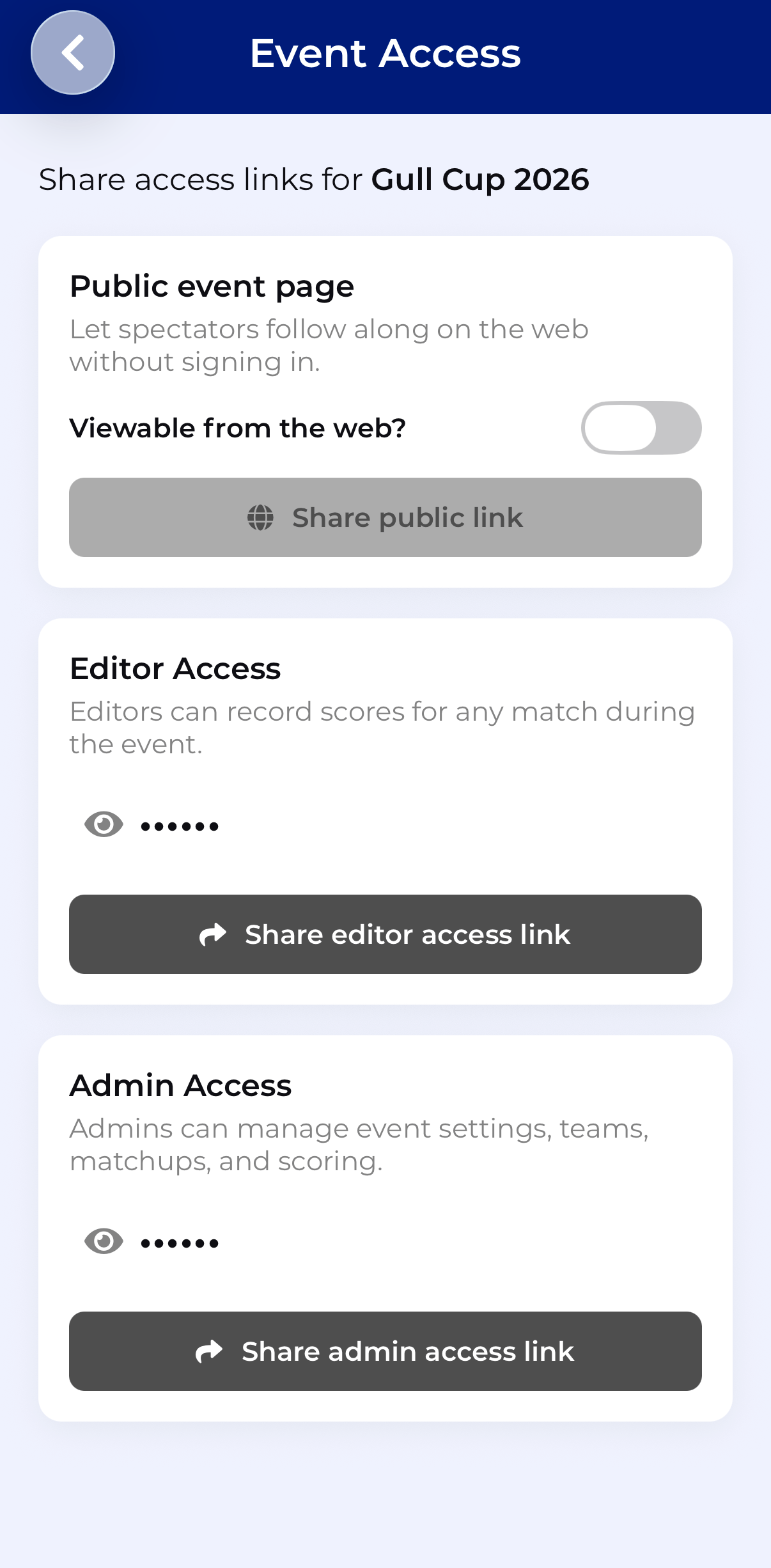 CupTracker invite codes for sharing with players