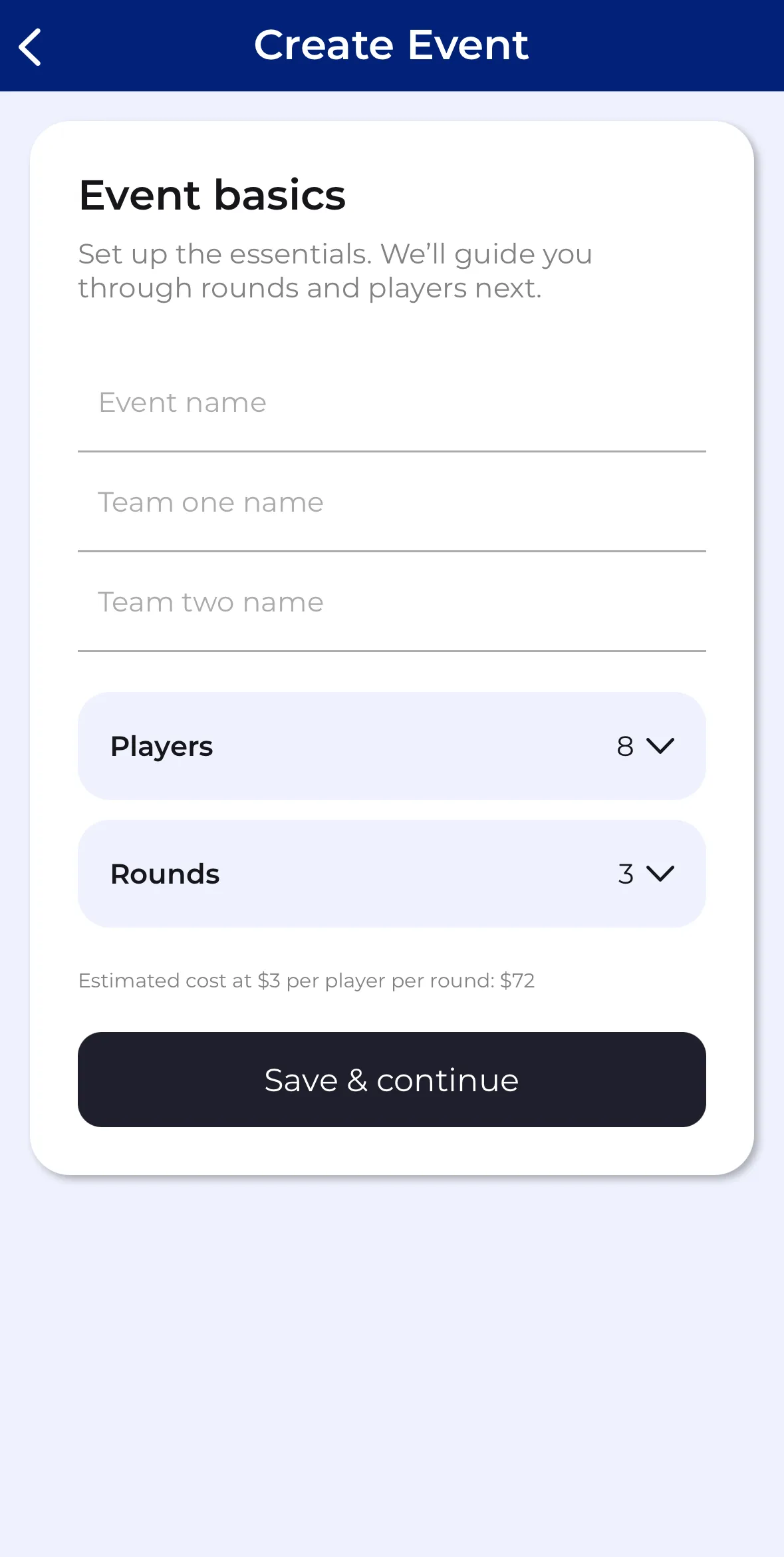 Creating a new event in CupTracker
