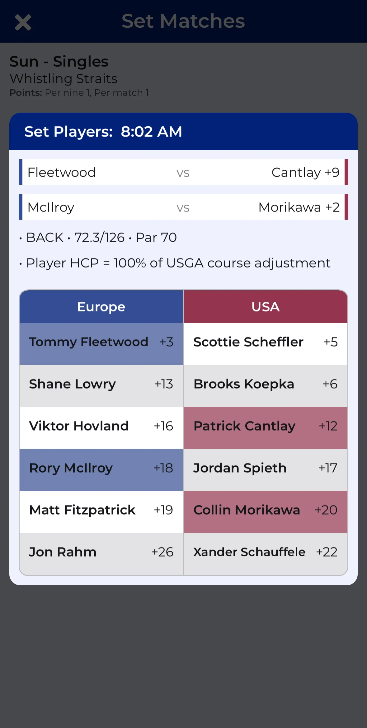 CupTracker matchup screen showing singles pairings
