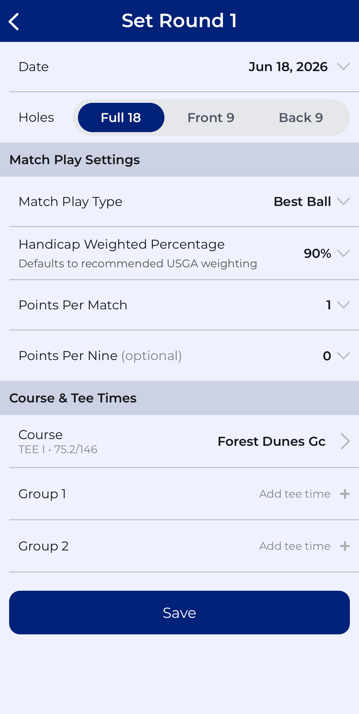 CupTracker demo setting a round